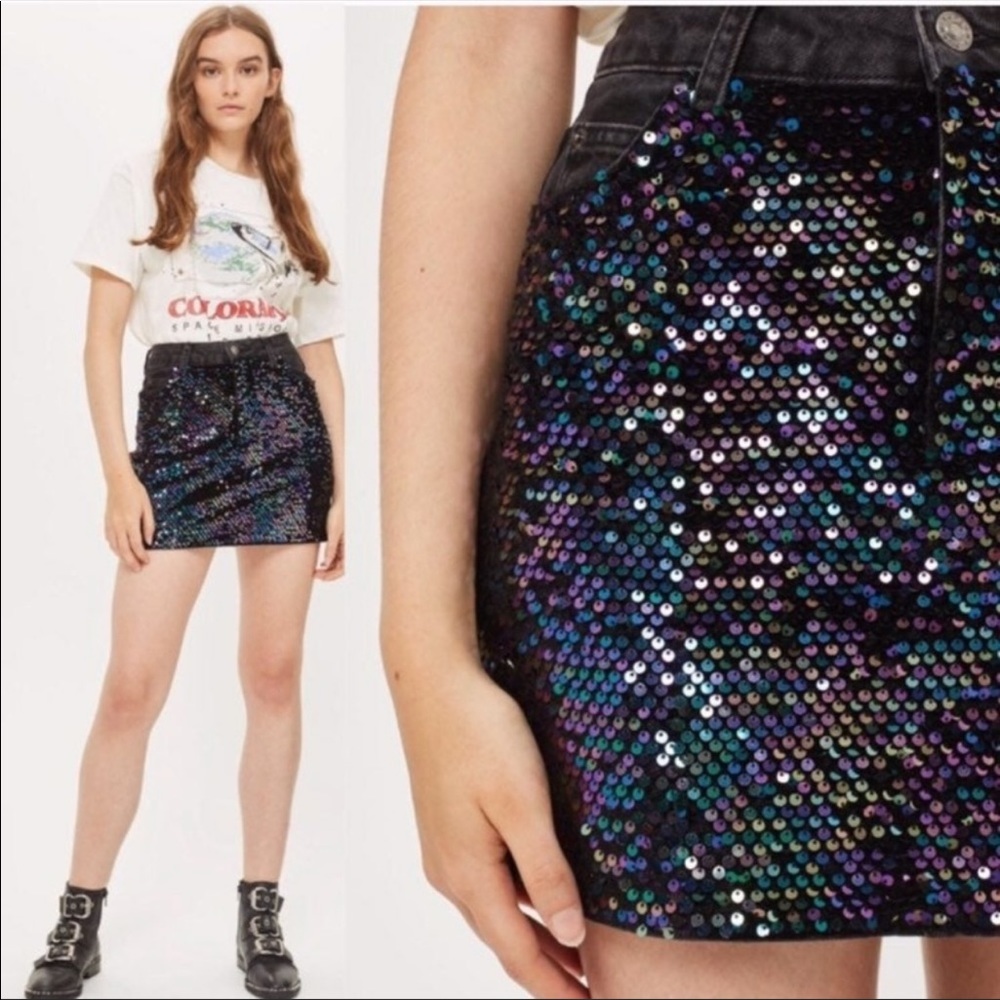 Top Shop Motto Sequin Black Jean Mini Skirt